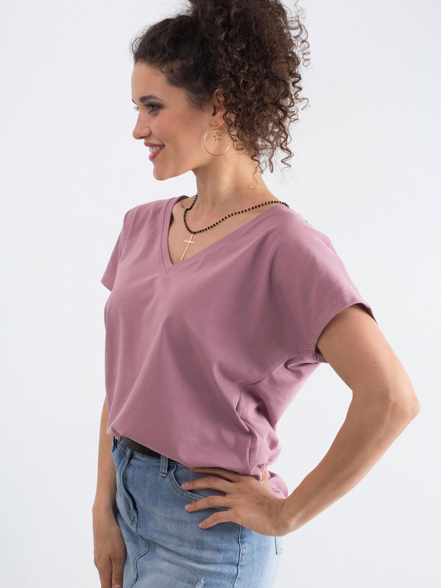 Murdare din bumbac roz V-gât t-shirt