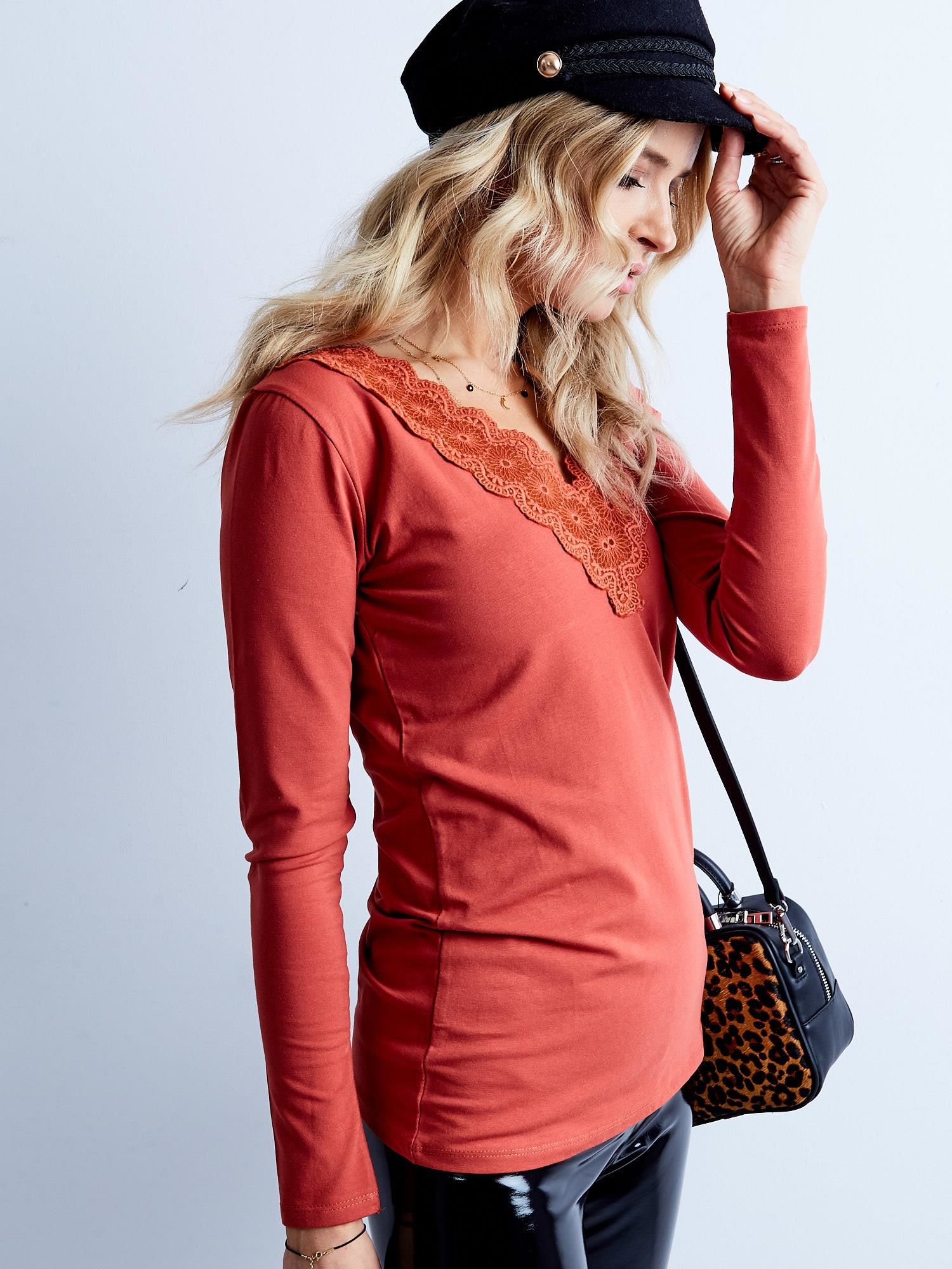 Dark Orange Blouse With Lace Trim