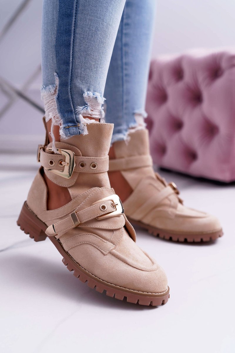 Lu Boo Beige Suede Cut Out Ankle Boots Rock Girl
