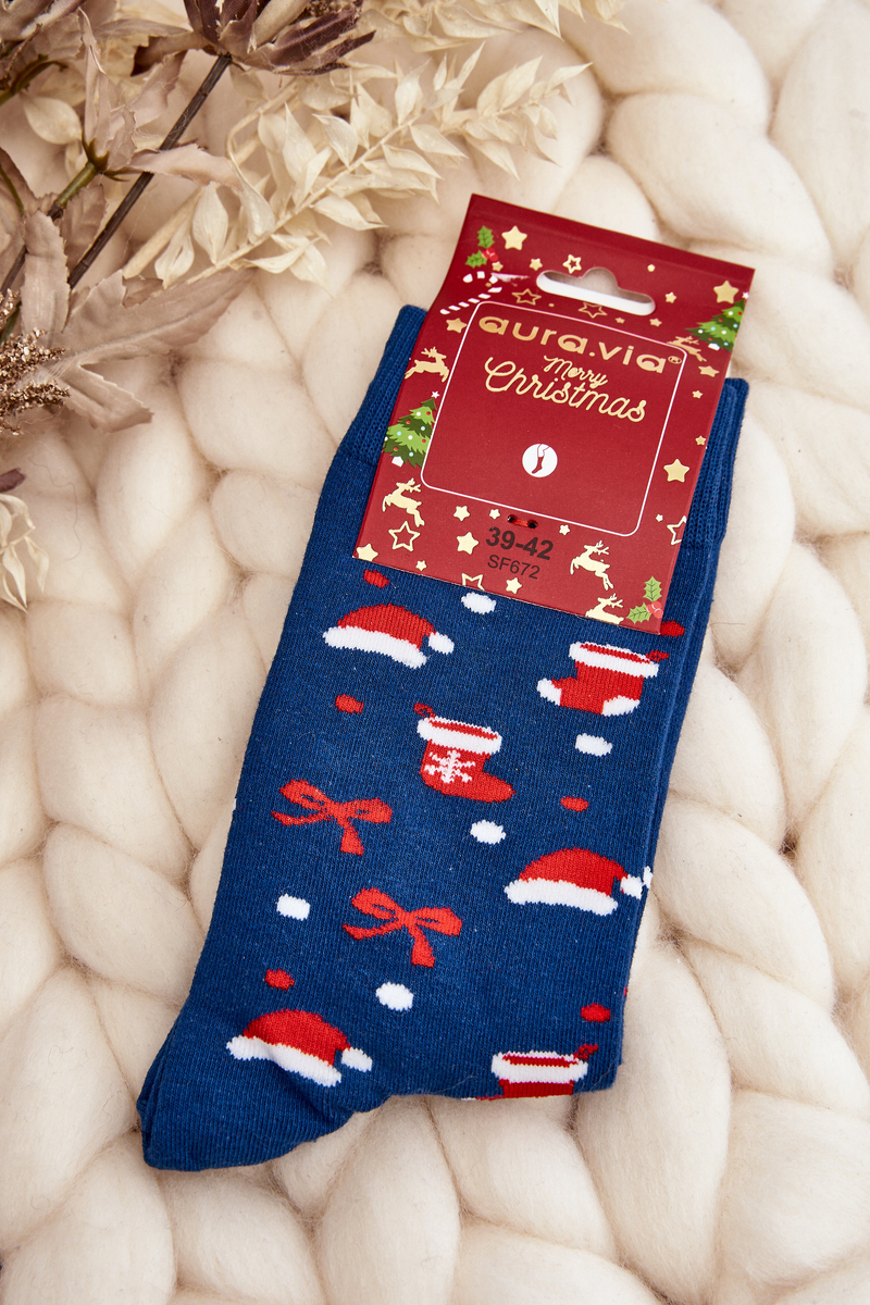 Men's Cotton Christmas Socks with Navy Blue Patterns