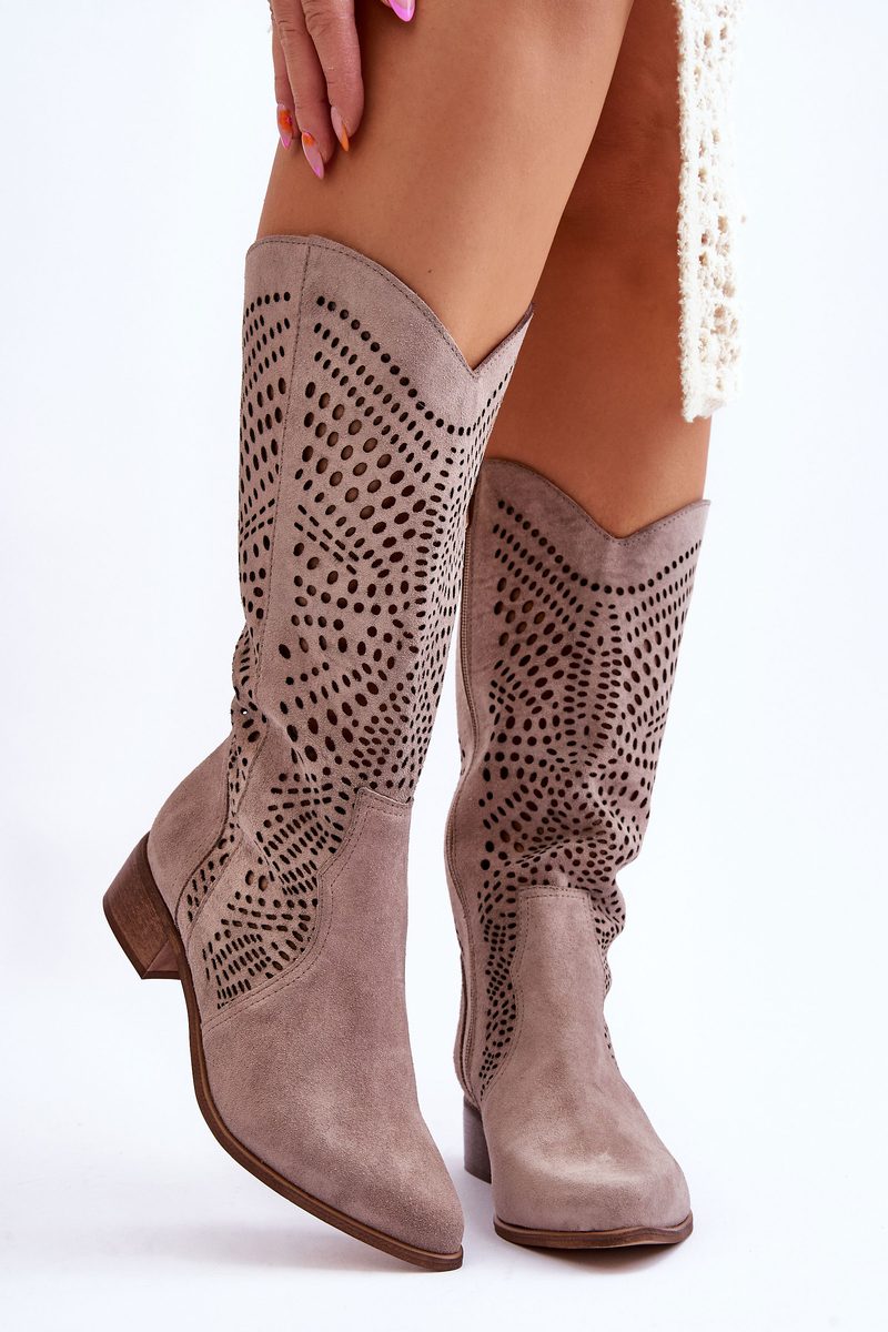 Suede Cowboy Boots Before The Knee Boots Leewski 3305 Cappuccino