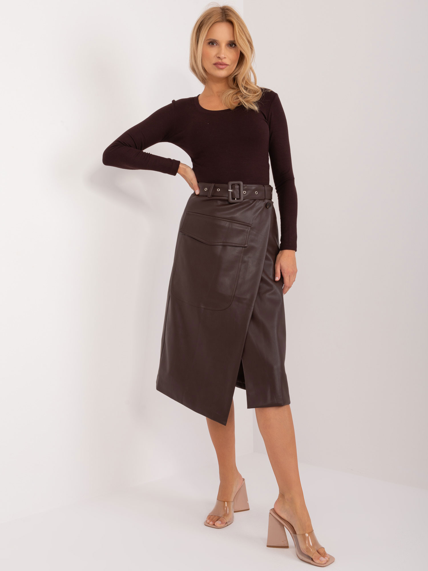 Dark brown wrap cargo skirt made of eco-leather