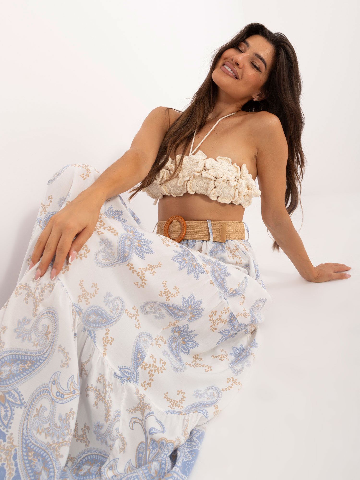 White and light blue maxi skirt with print