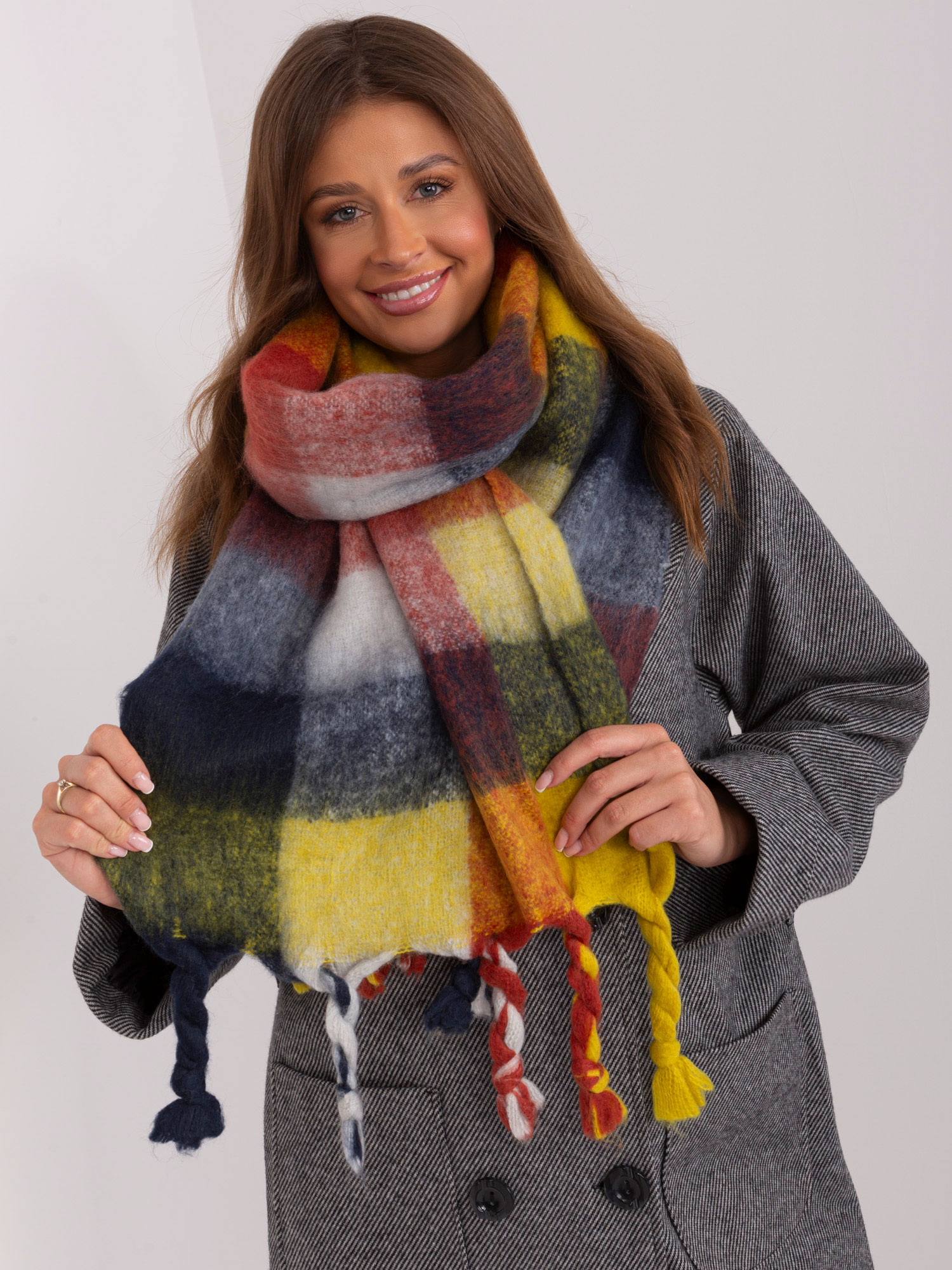 Yellow and navy blue women's fringed scarf