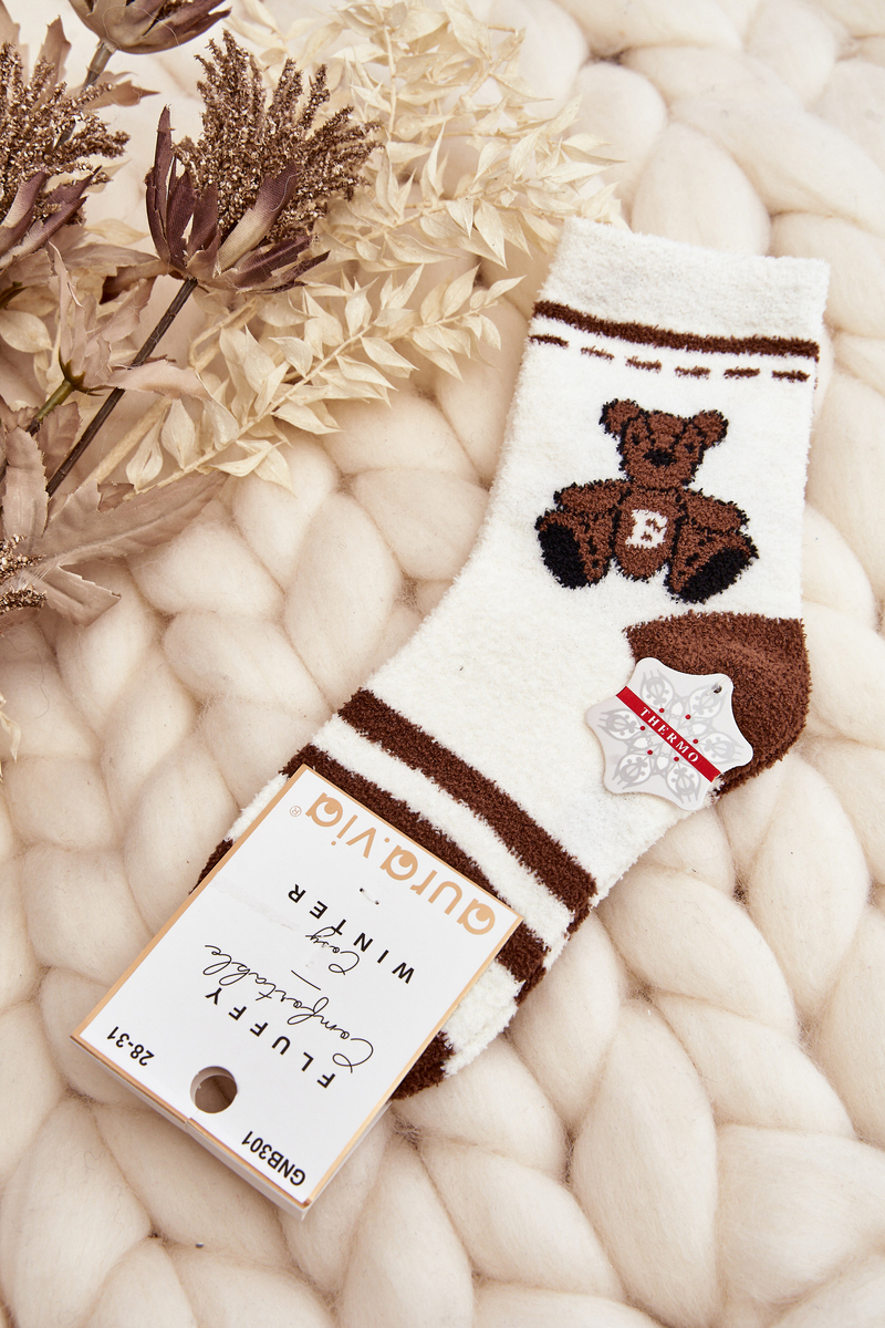 Youth warm socks with teddy bear, white and brown