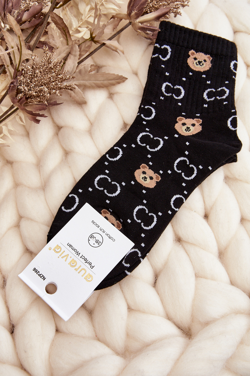 Women's Black Socks With Teddy Bear