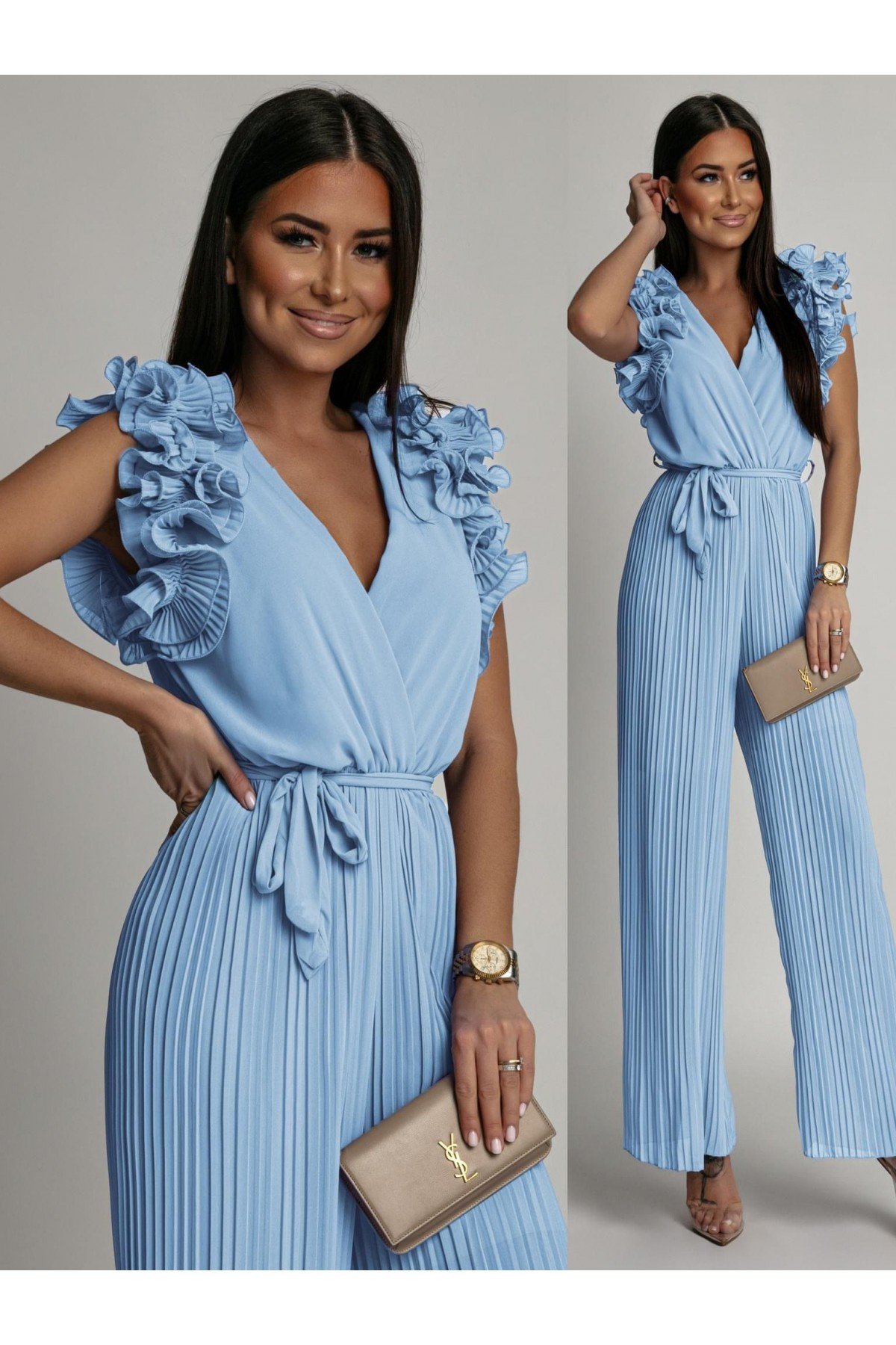 Pleated jumpsuit with ruffles, blue