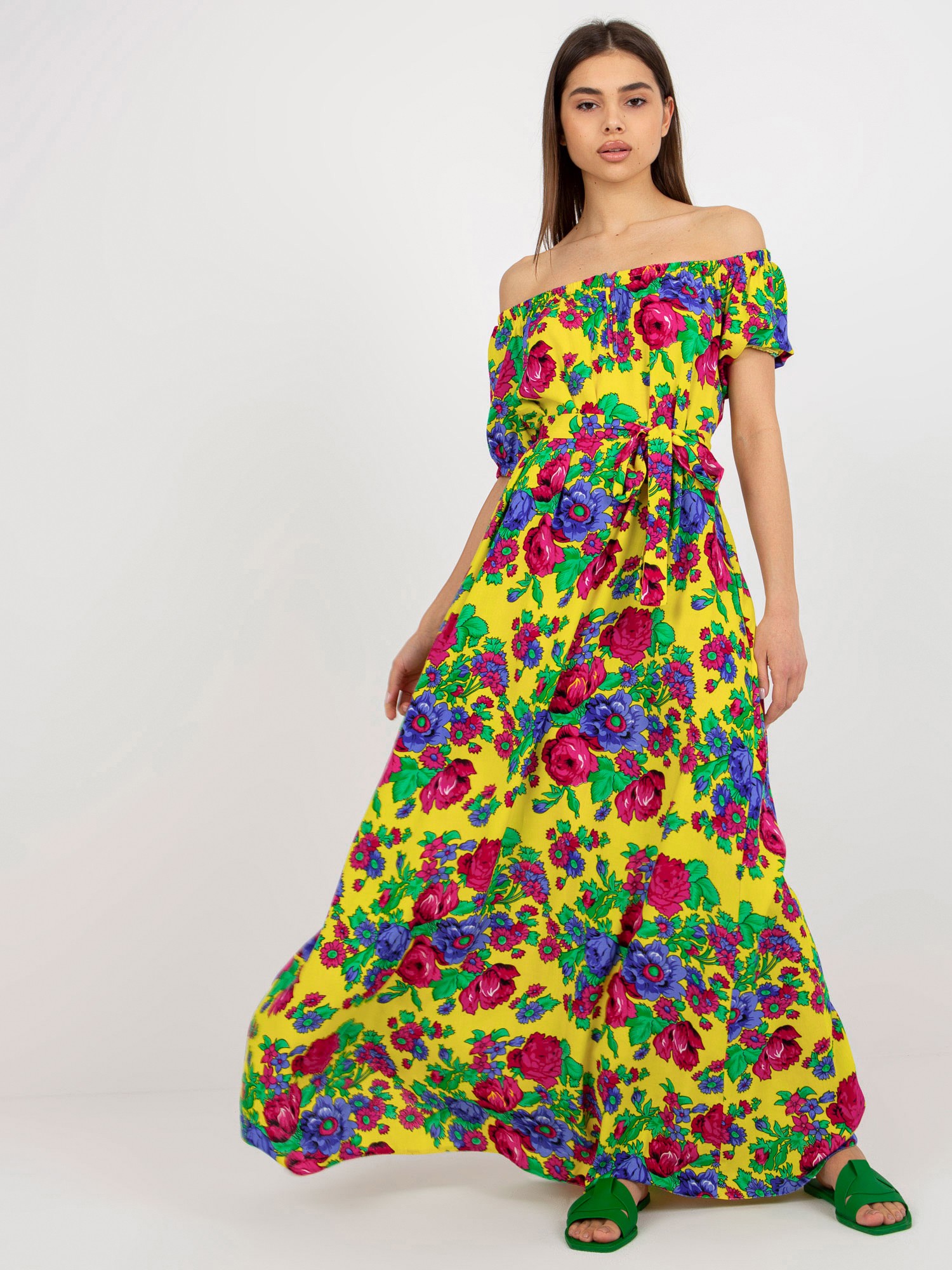 Levně Žluté španělské květinové maxi šaty s páskem