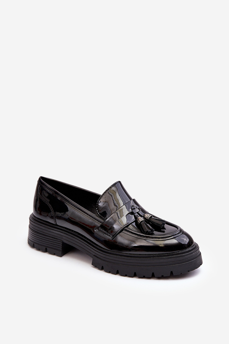 Patent Leather Loafers With Fringes, Black Velenase