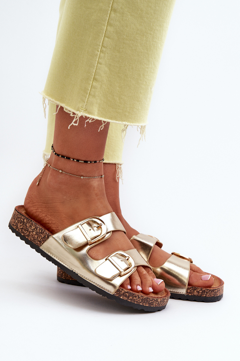 Women's cork platform slippers with straps, gold Doretta
