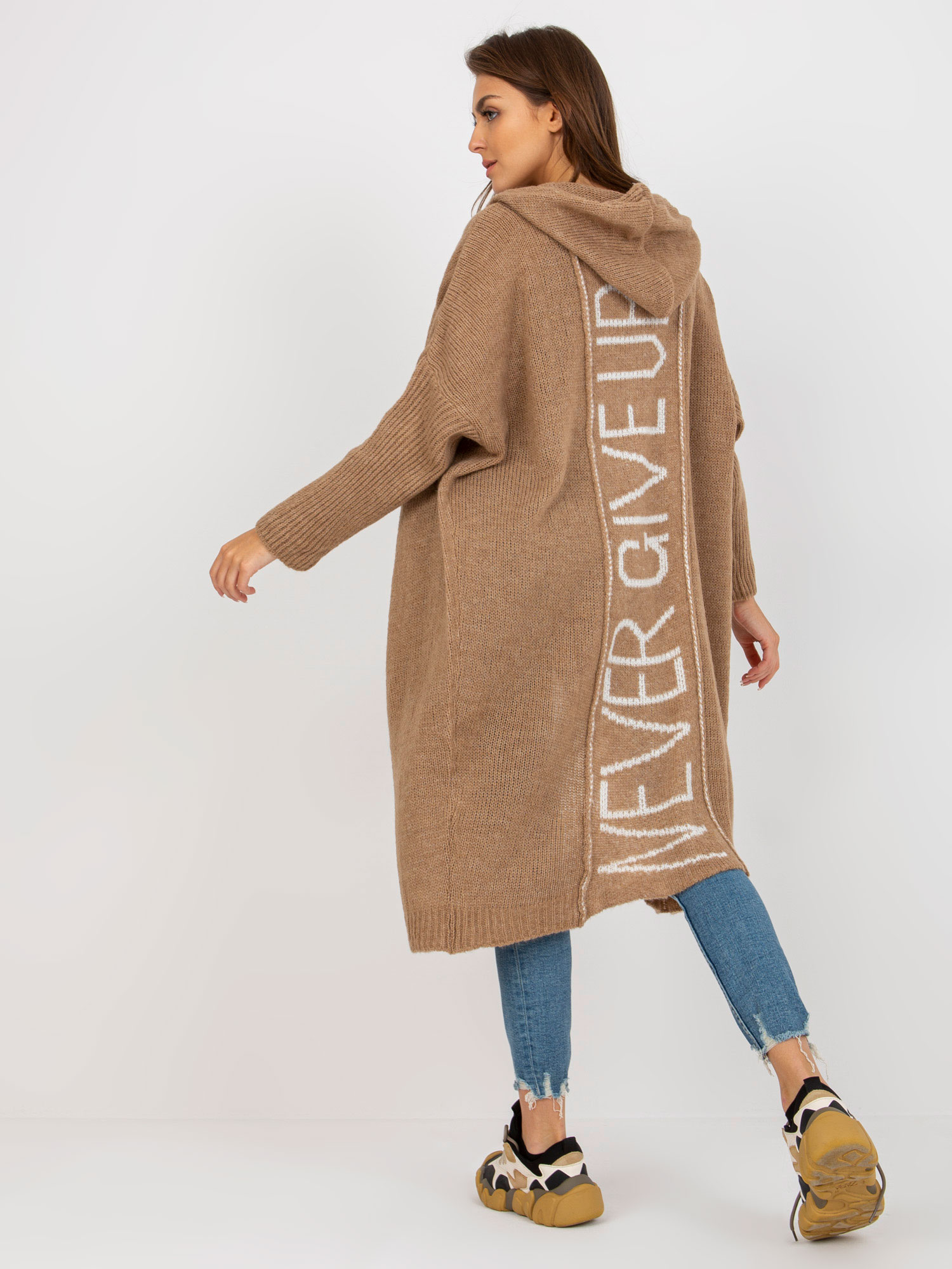 Dark Beige Knitted Cardigan With OH BELLA Lettering On The Back