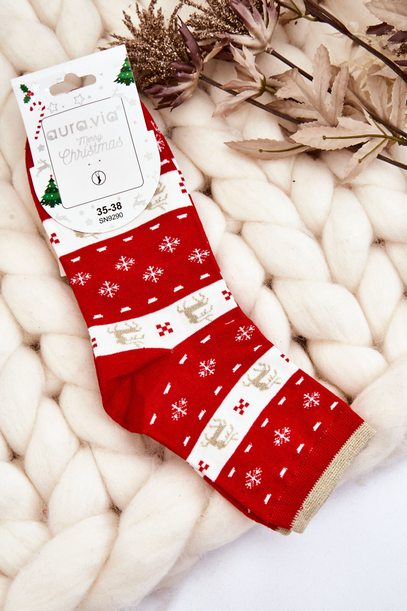 Women's Socks with Reindeer Christmas Patterns And Snowflakes Red