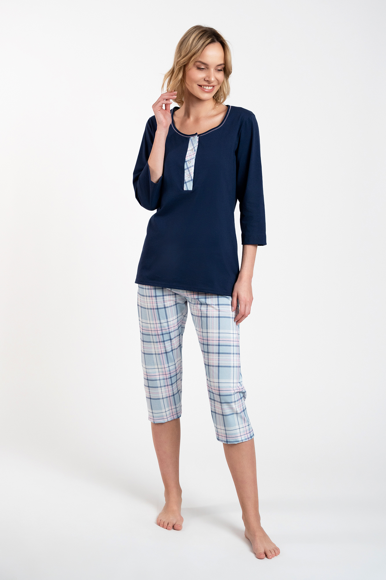 Allison women's pyjamas 3/4 sleeve, 3/4 legs - navy blue/print