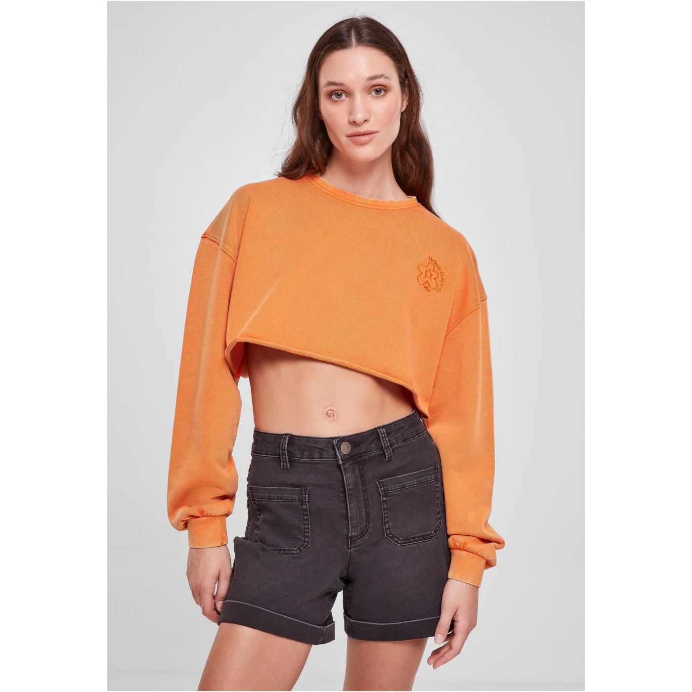 Dámská Oříznutá Květinová Výšivka Terry Crewneck Vintageorange