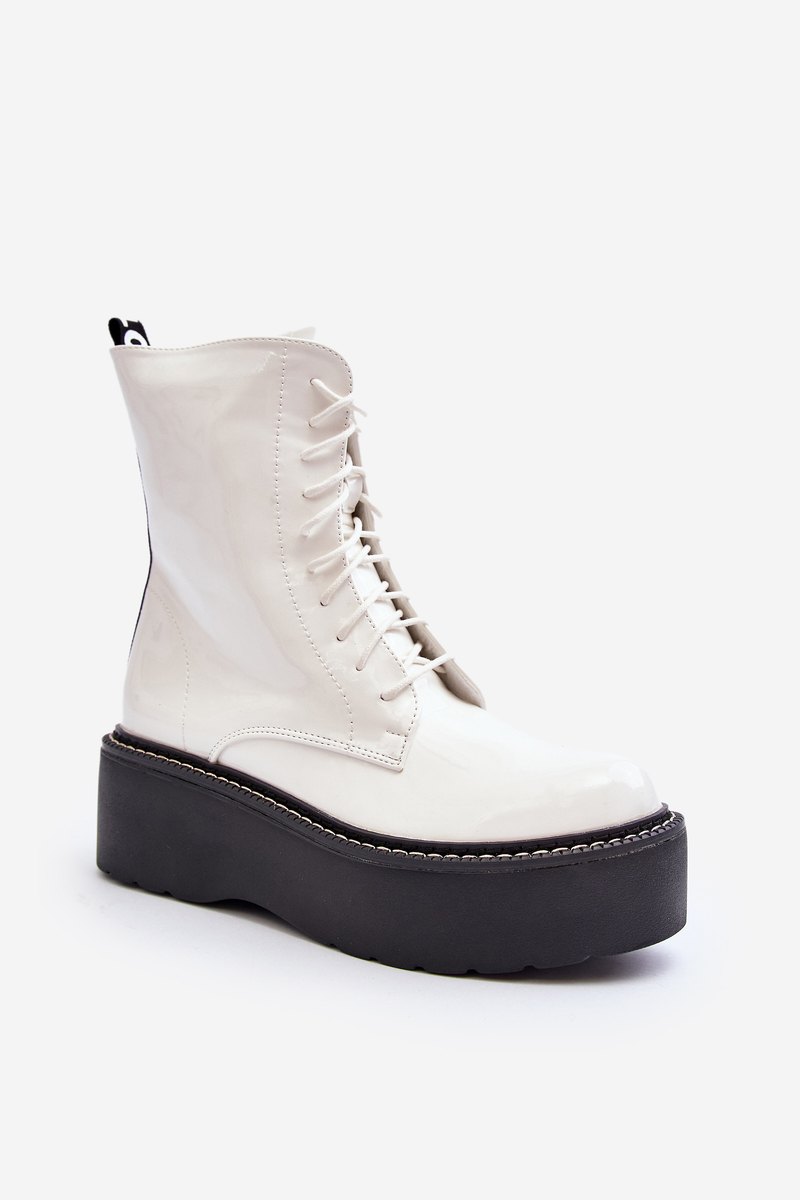 Women's Patent Leather Boots With Thick Soles, White Movana