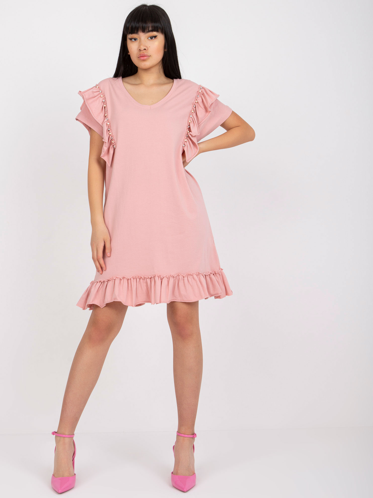 Light pink cotton dress with frill and V-neck