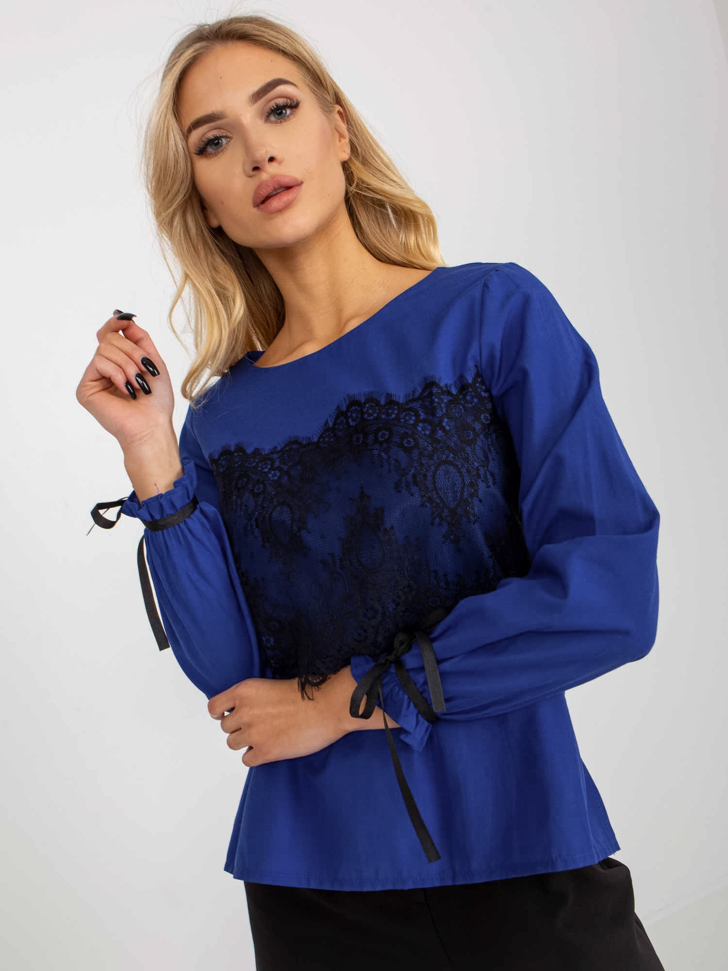 Cobalt blue formal blouse with lace insert