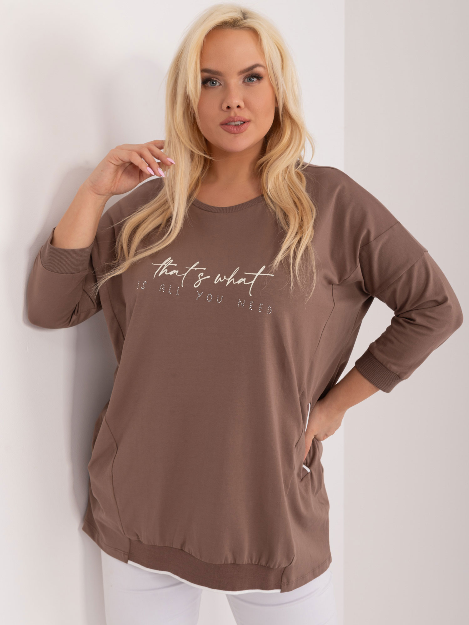 Brown plus size blouse with a round neckline