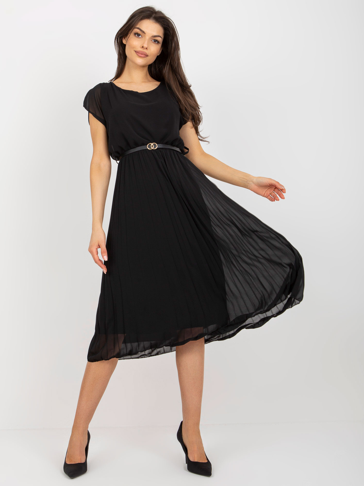 Black pleated dress with a round neckline