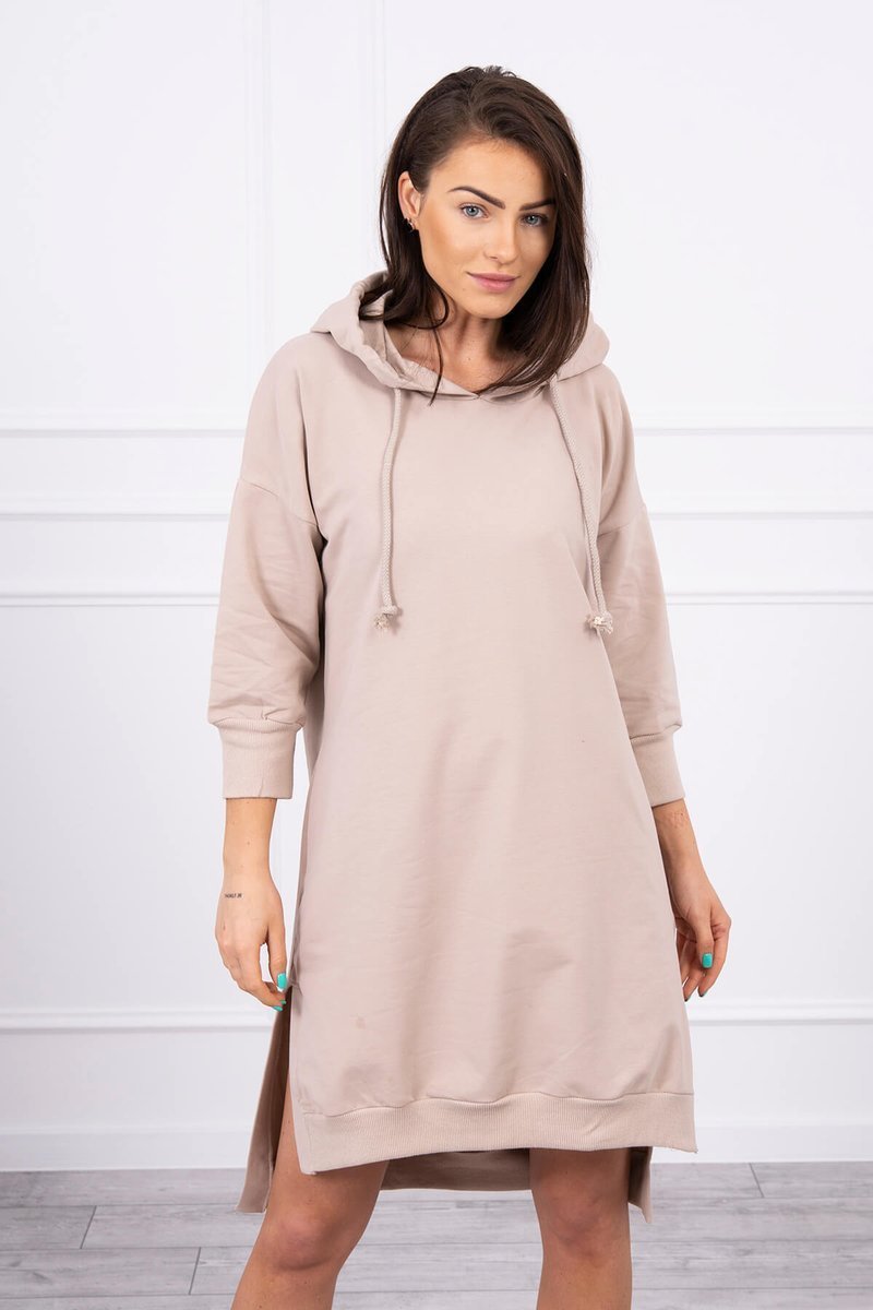 Dress With A Hood And A Longer Back Of Beige Color