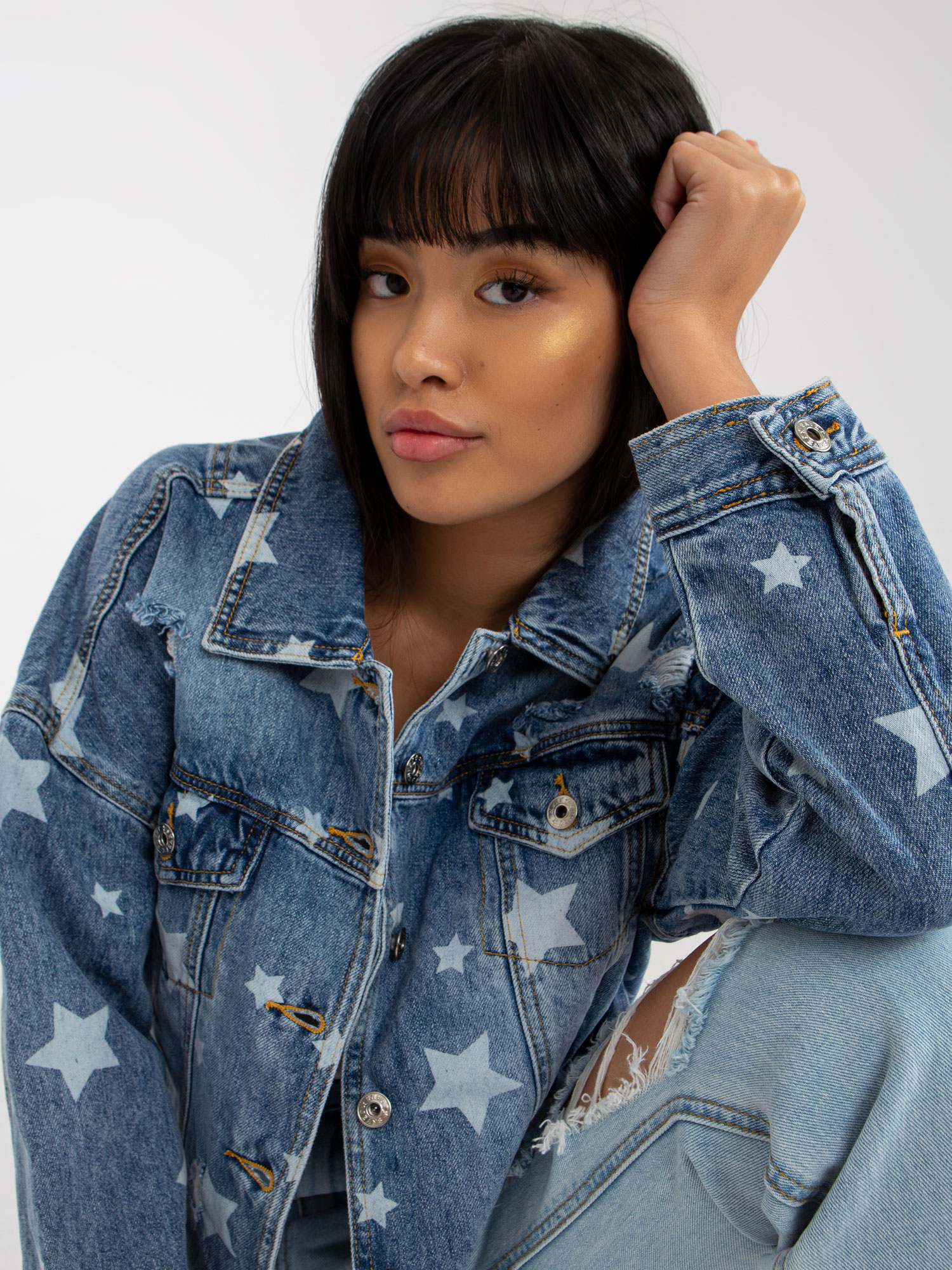 Women's Blue Denim Jacket With Print And Holes