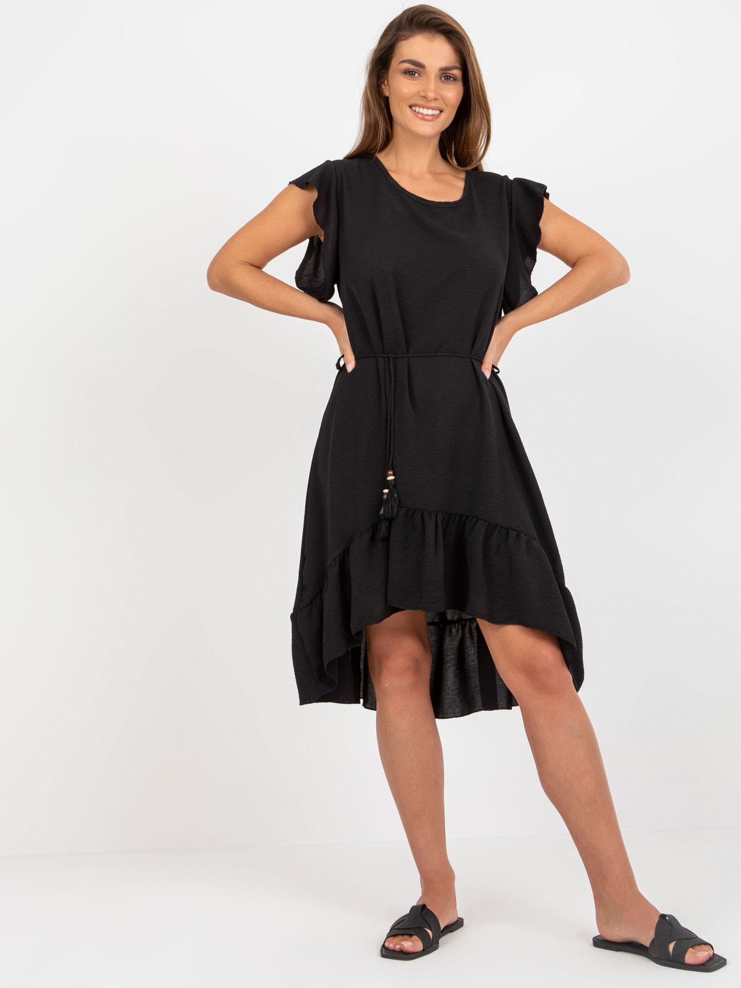 Black Dress With Ruffle And Short Sleeves