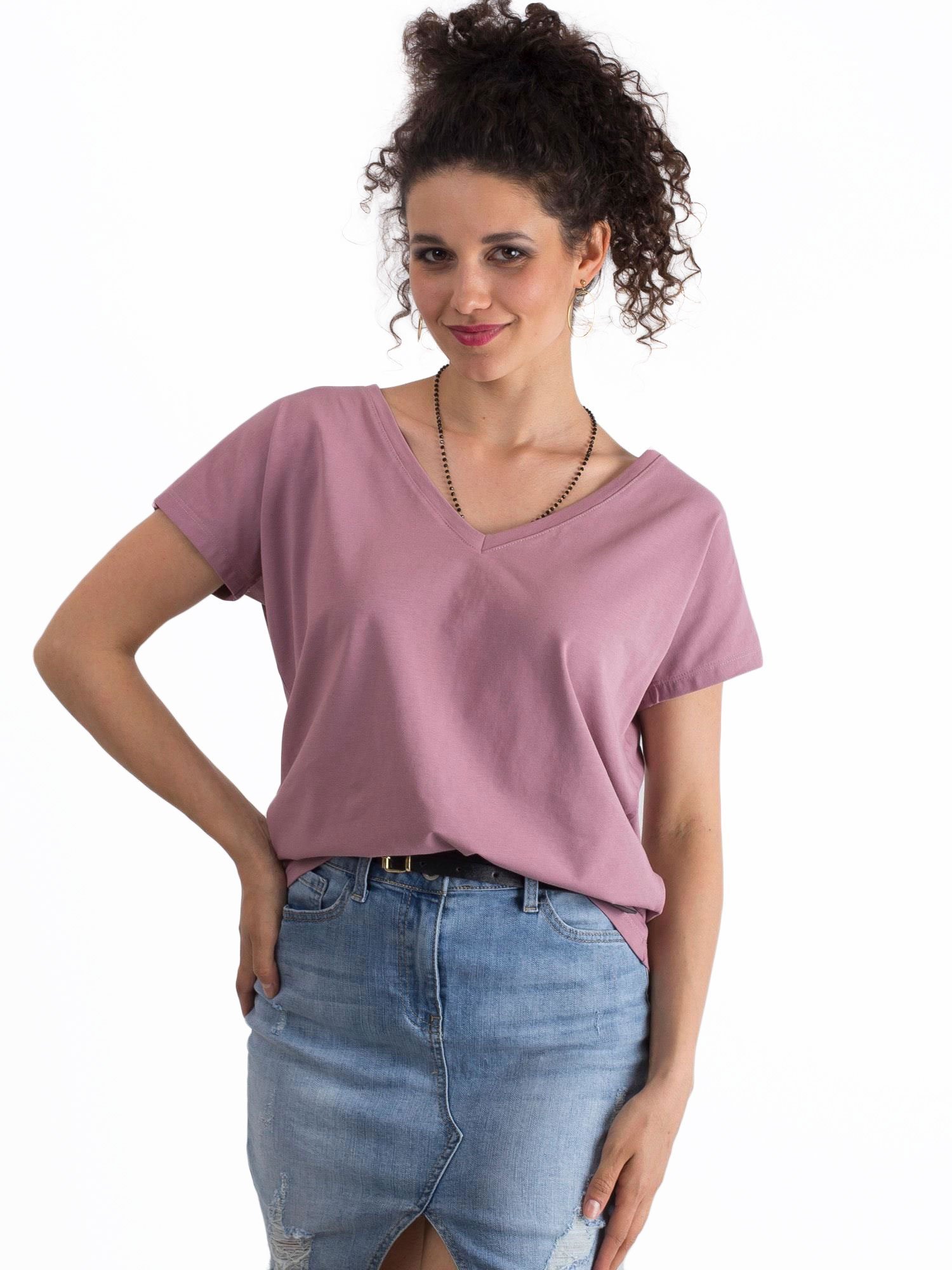 Murdare din bumbac roz V-gât t-shirt