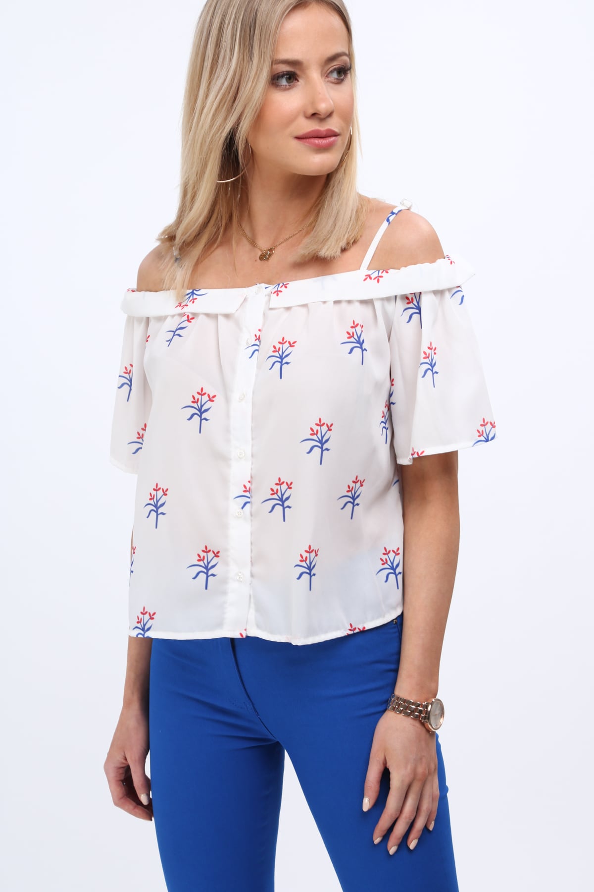 Cream blouse with exposed shoulders