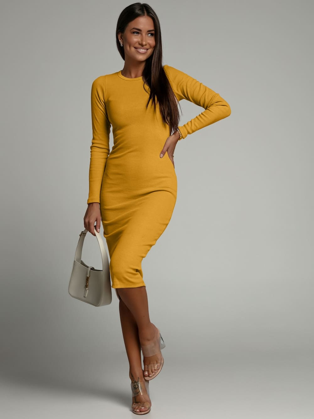 Basic Mustard Ribbed Dress With Long Sleeves