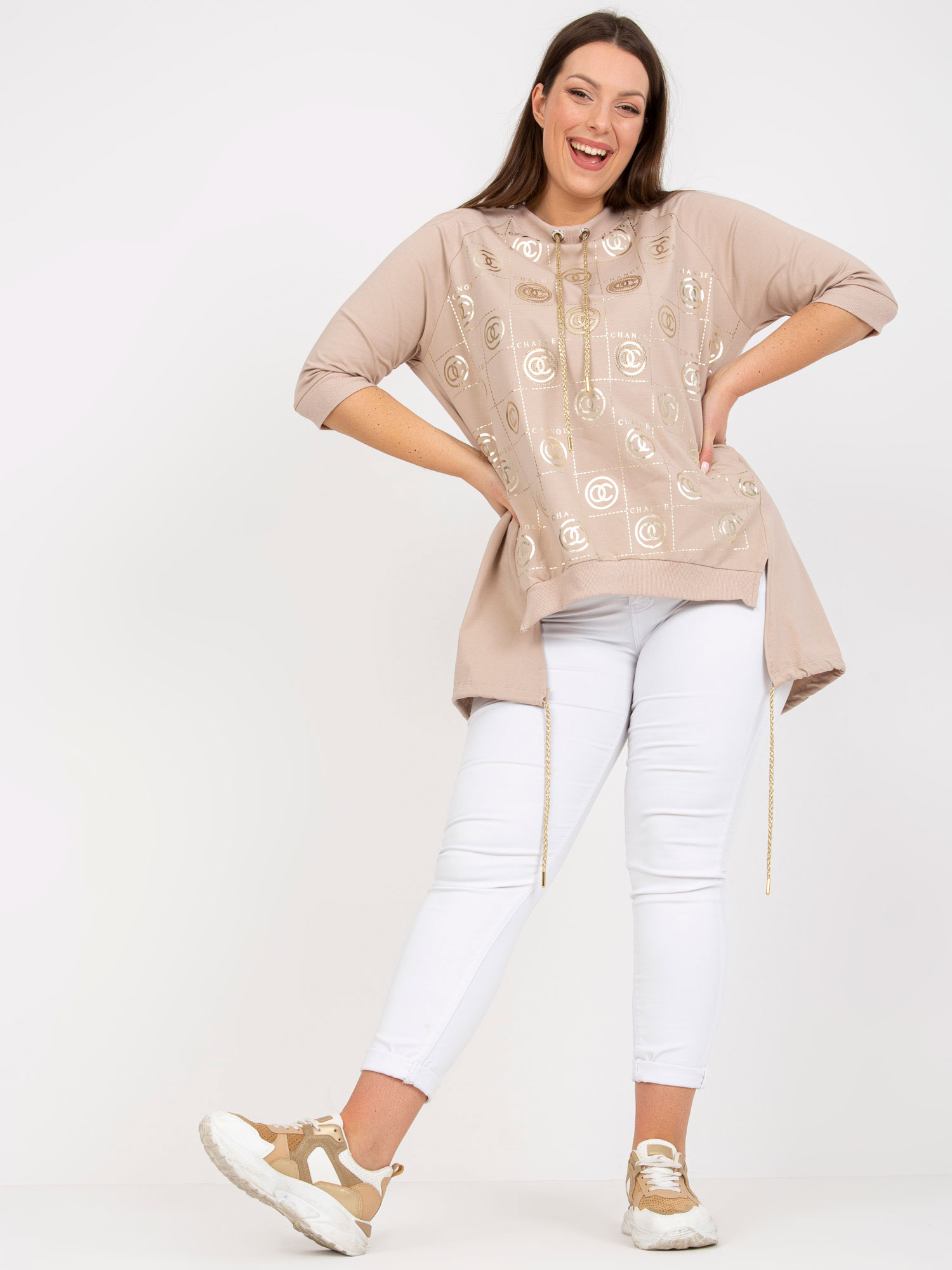 Beige Asymmetrical Blouse Plus Size With 3/4 Sleeves