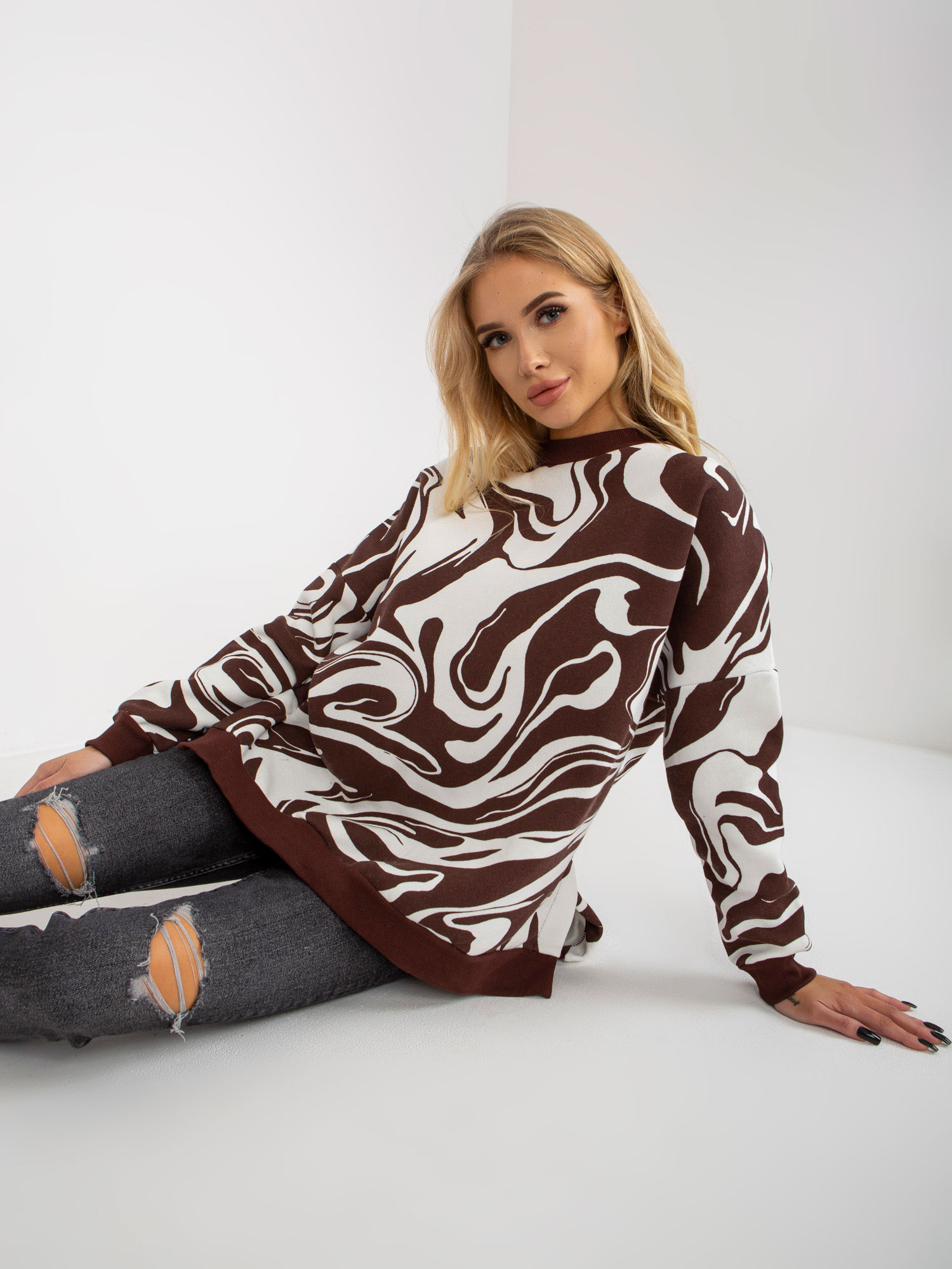 Dark Brown-white Oversize Sweatshirt With Prints