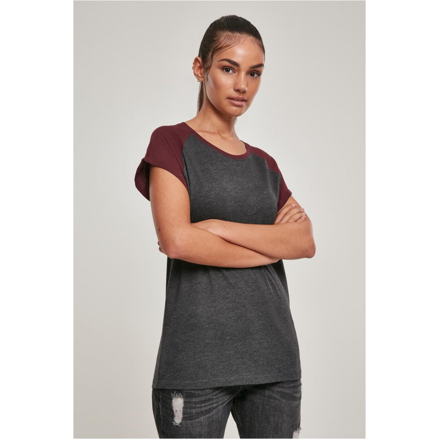 Women's Contrasting Raglan T-shirt Charcoal/red Wine