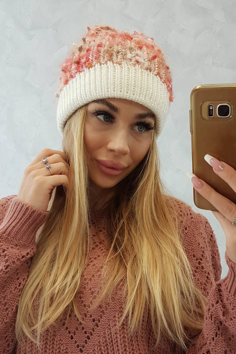 Beanie Bąbelka K219 ecru+raspberry
