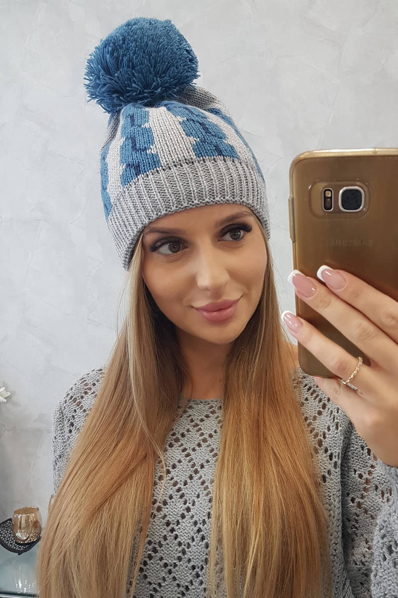 Cap with pompom Rozalia K323 jeans+gray