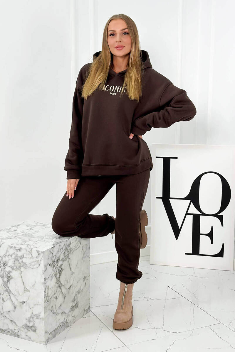 Insulated cotton set, sweatshirt with embroidery + trousers brown