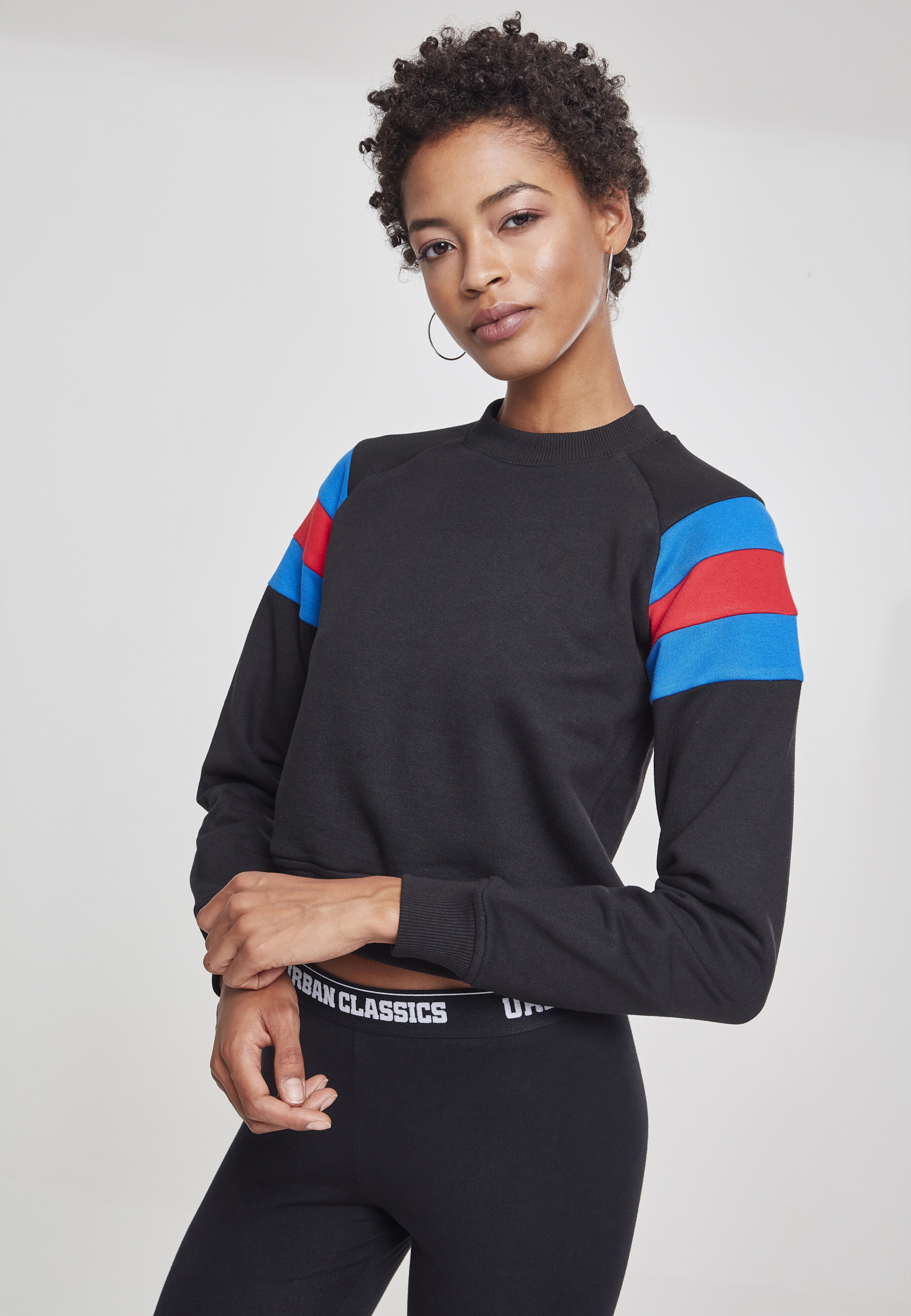 Ladies Sleeve Stripe Crew Black/Light Blue/Tan