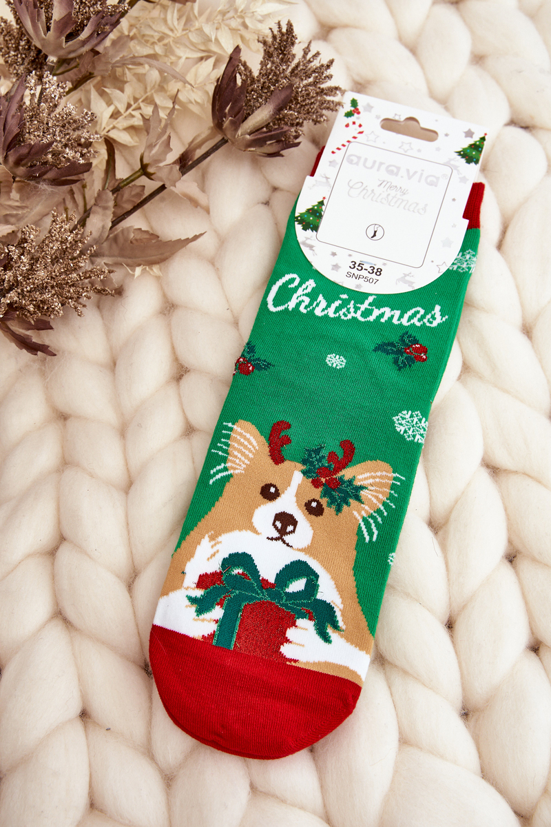 Levně Dámské vánoční ponožky se psem, zelené