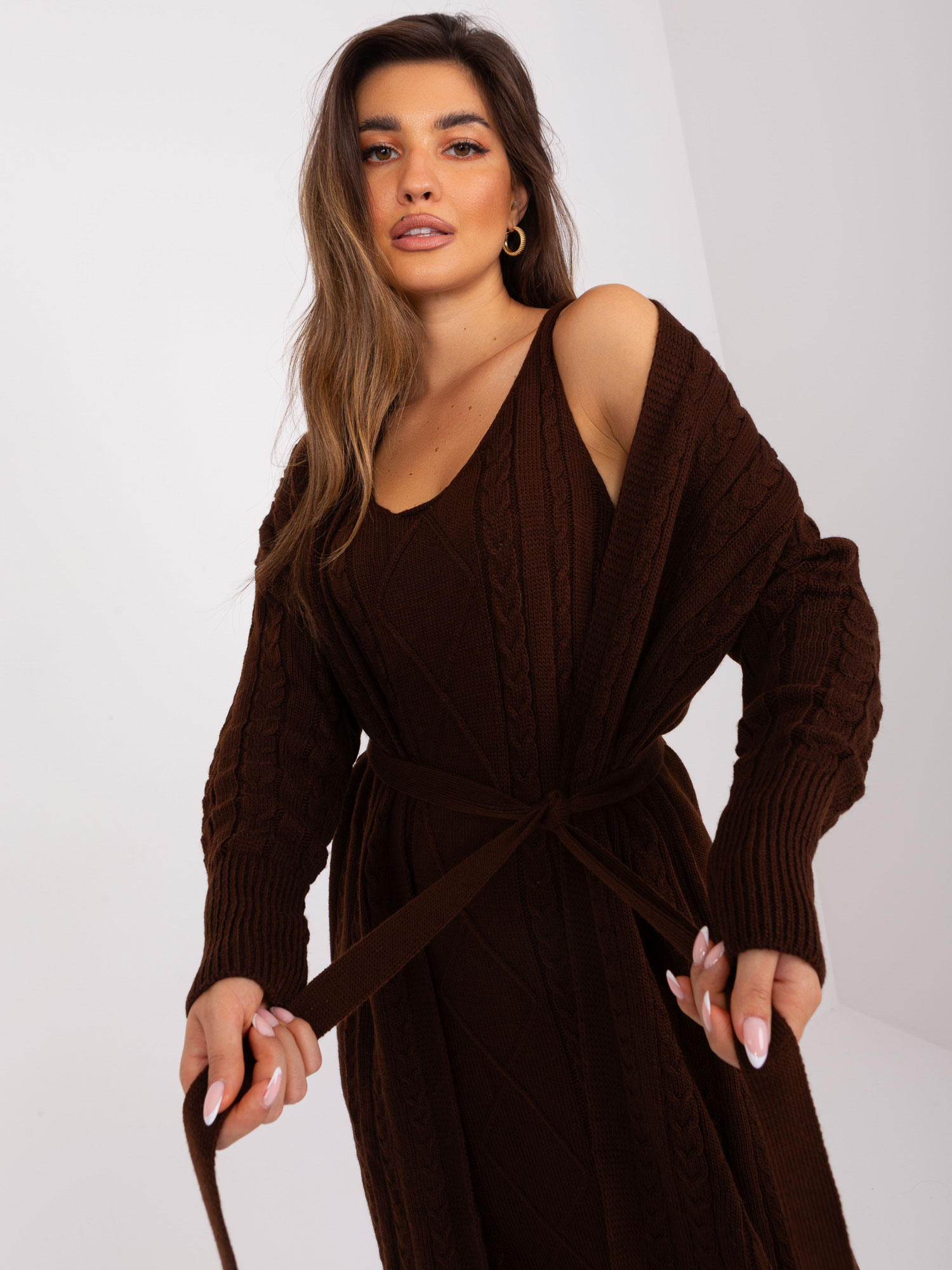 Dark Brown Two-Piece Cable Knitted Set