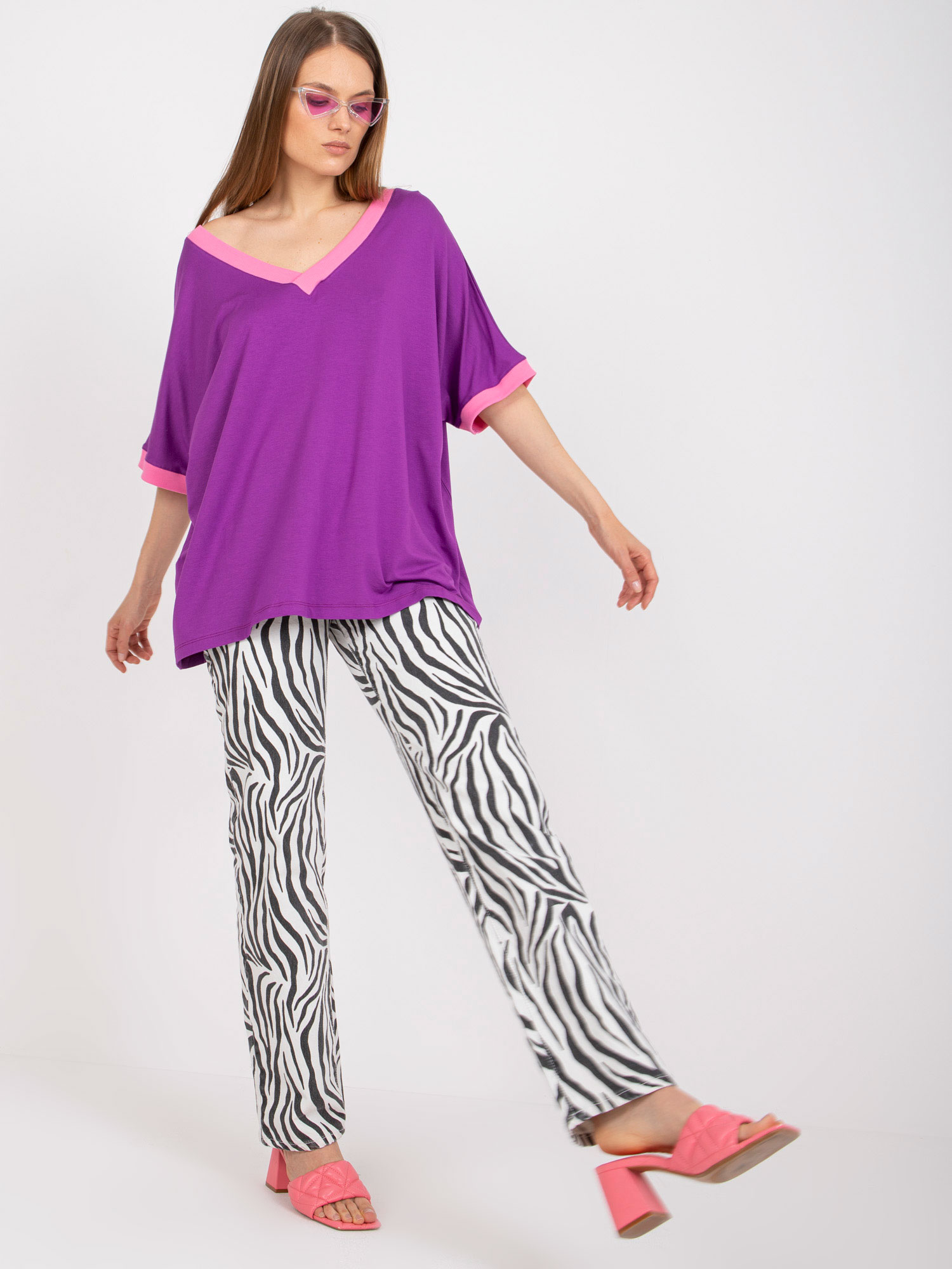 Purple And Pink Oversize Blouse With V-neck