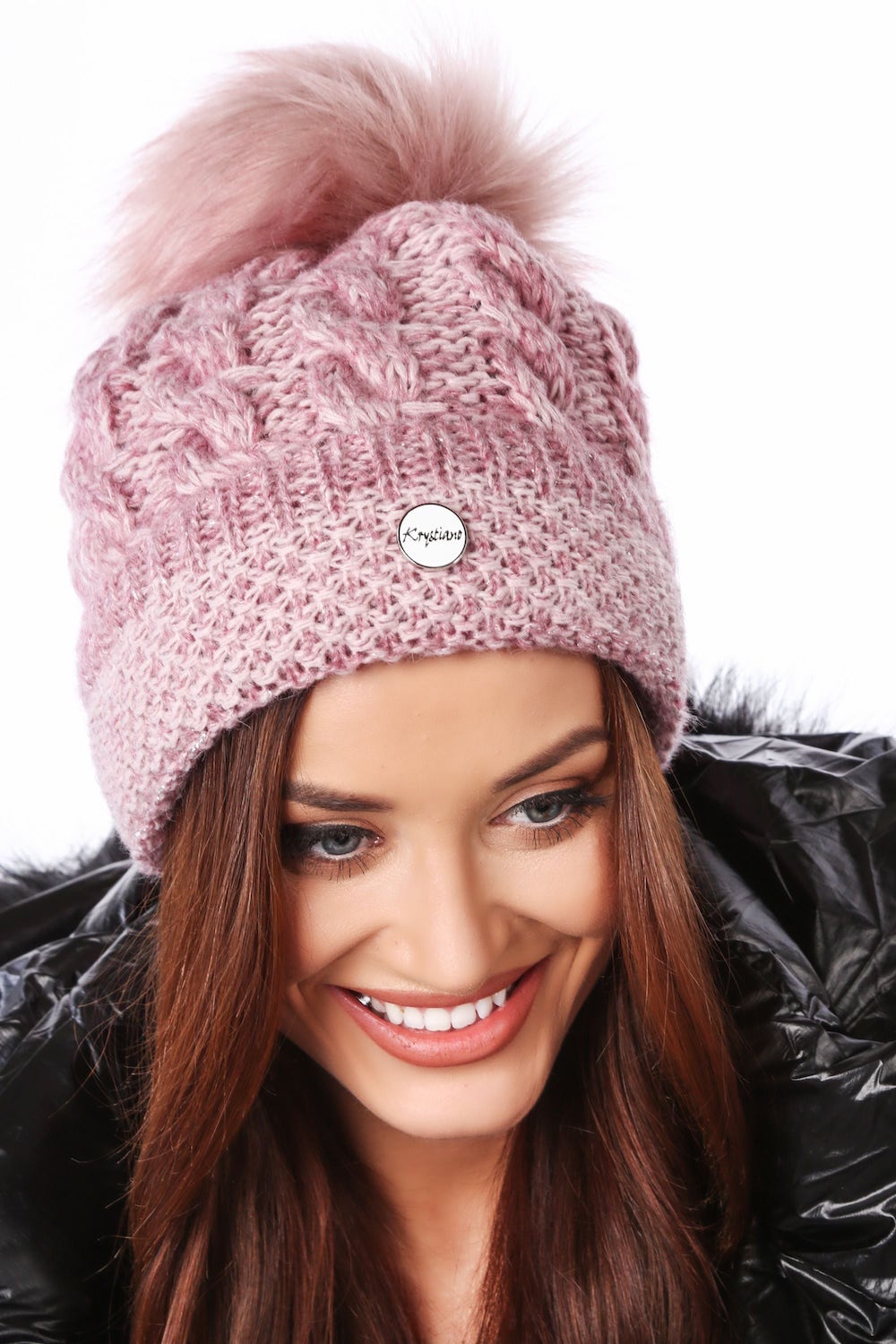 Dark pink winter cap with braids with pompom