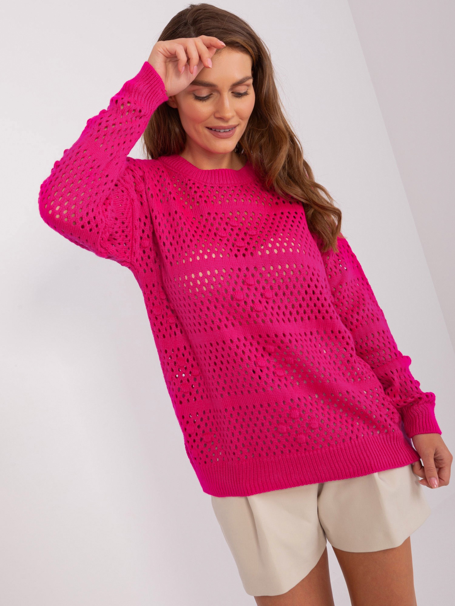 Fuchsia Openwork Summer Sweater With Long Sleeves