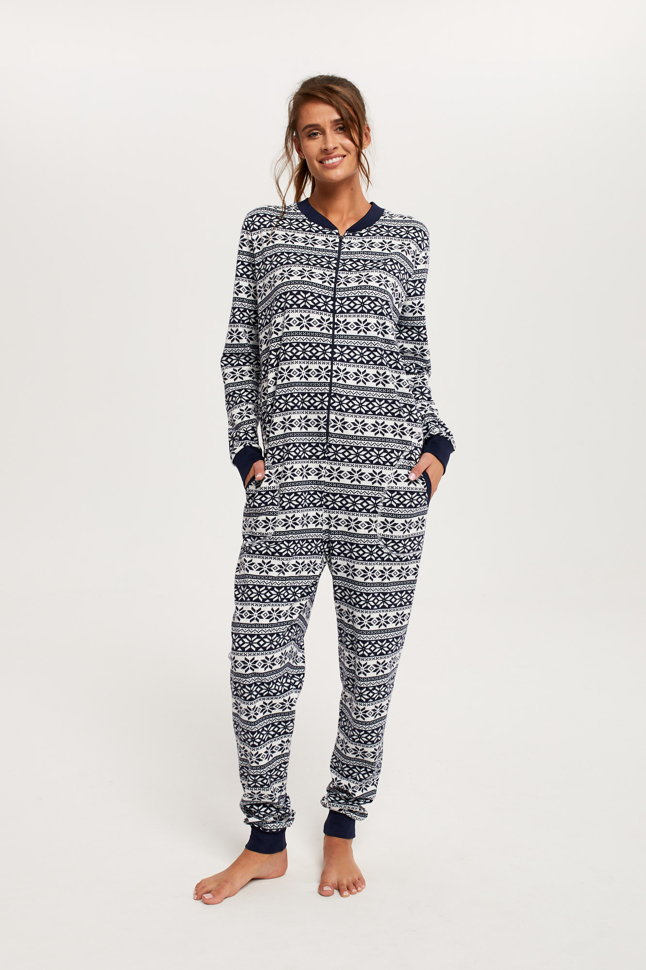 Women's Alaska Jumpsuit With Long Sleeves, Long Pants - Dark Blue Print