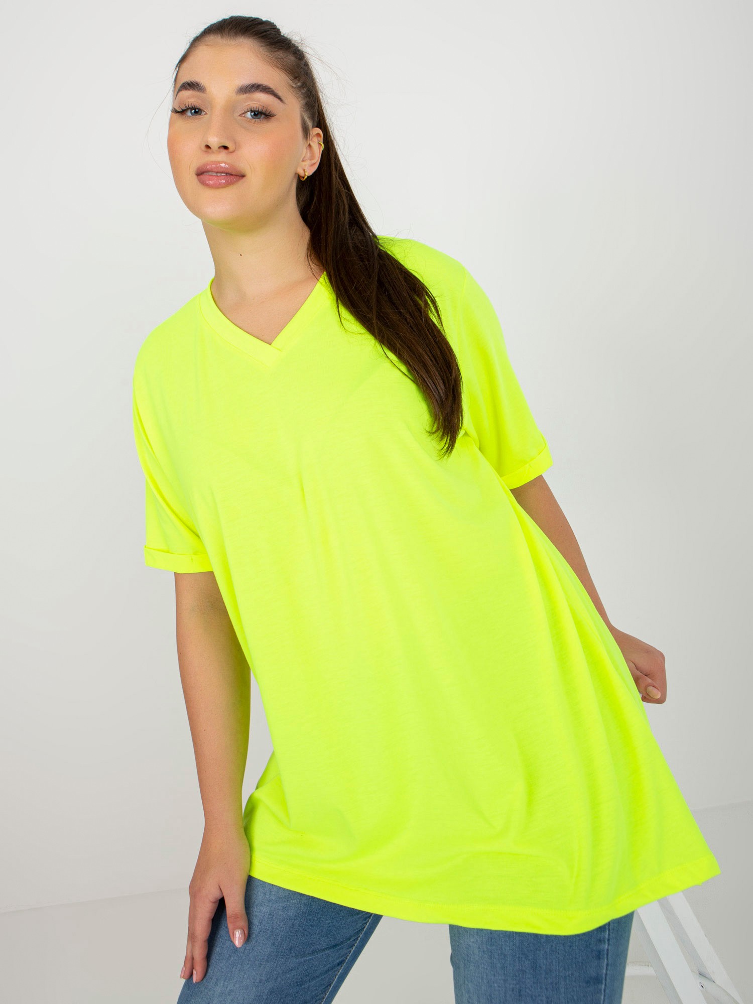 Fluo Yellow Plain Blouse Plus Size With Neckline