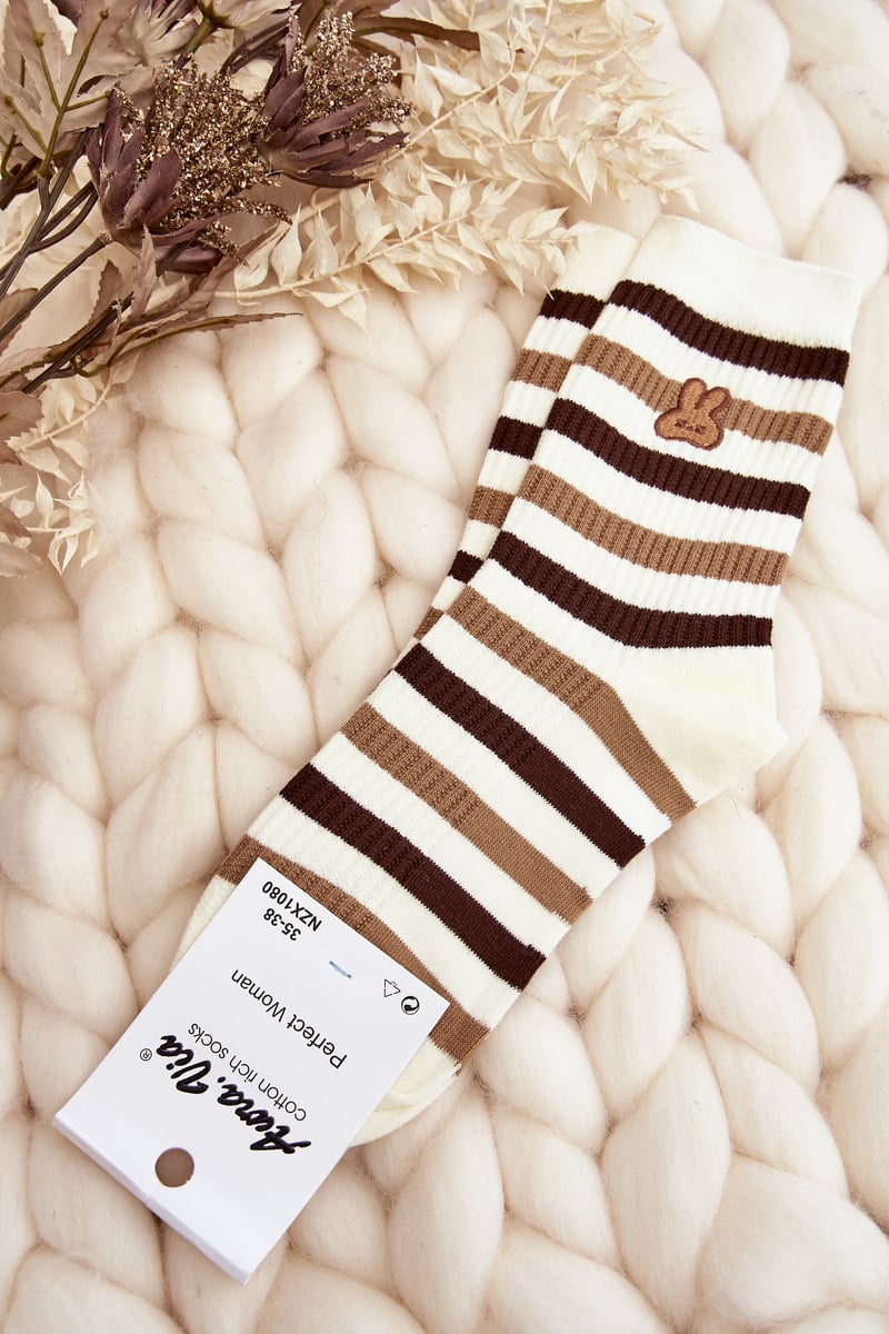 Women's Striped Socks With Bunny, Cream And Brown