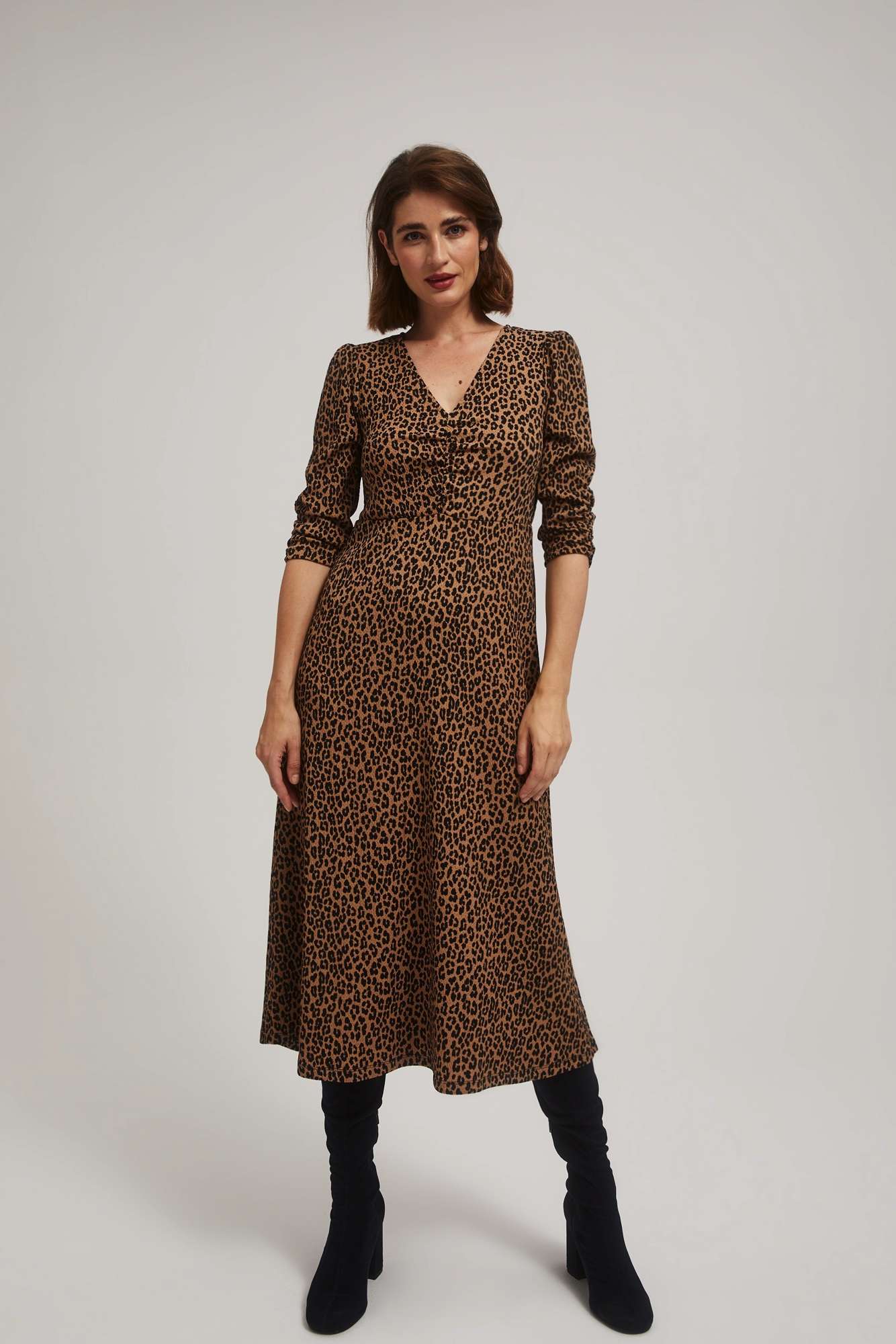 Marisse Brown Leopard Print Midi Dress