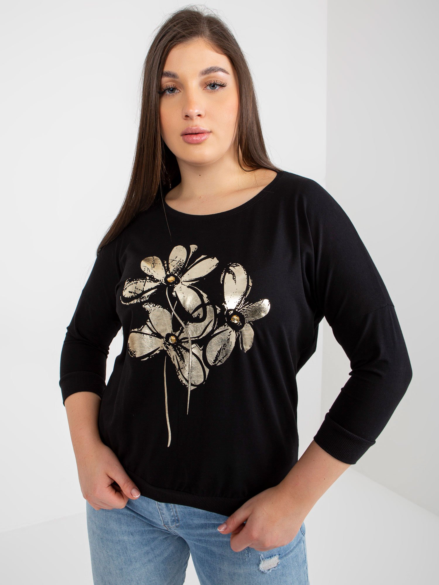 Black Blouse Plus Size With Glossy Print