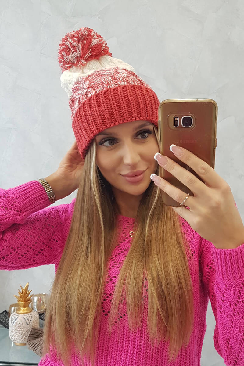 Beanie with pompom Abigail K326 raspberry+ecru