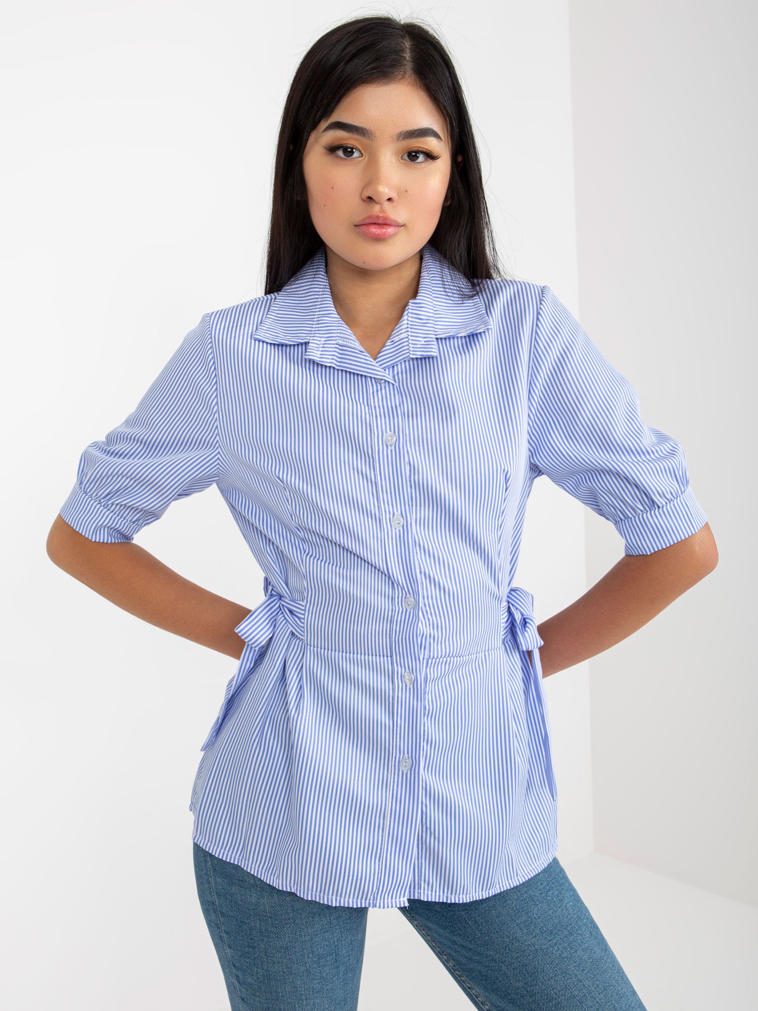Lady's Striped Shirt with Tie - Blue
