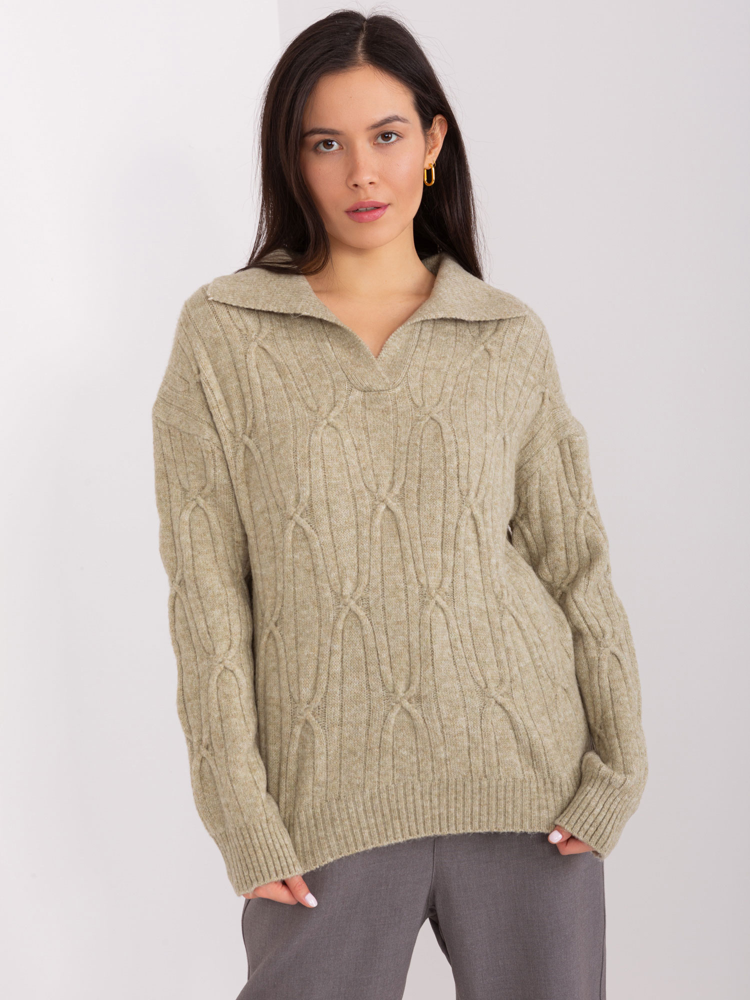 Khaki women's sweater with cables and collar