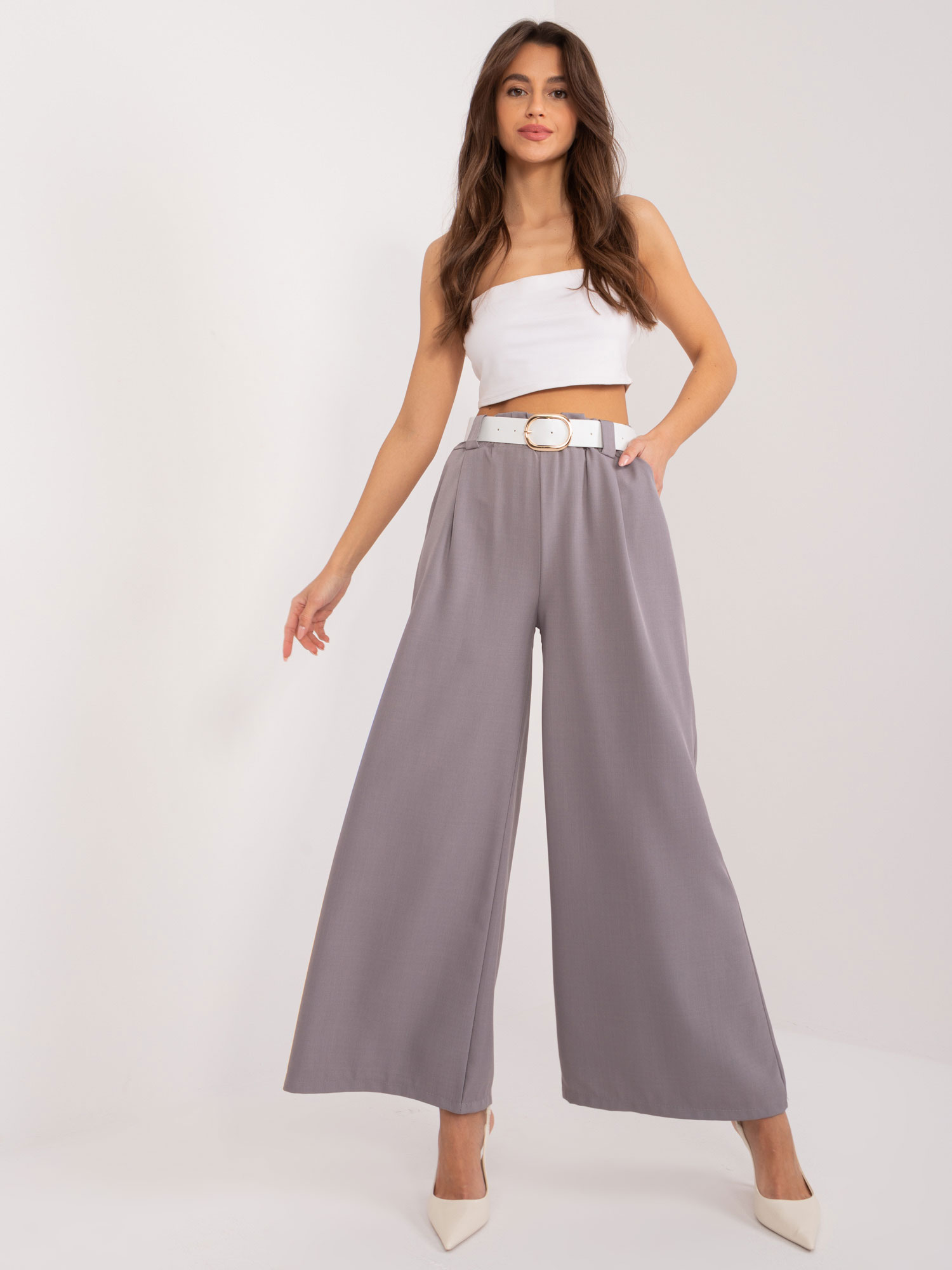 Grey fabric palazzo trousers with belt